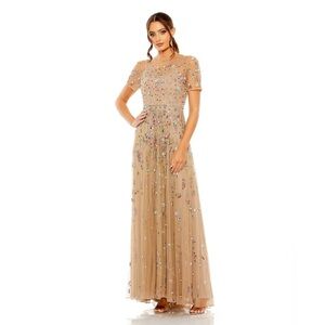 Mac Duggal Beige Floral Embellished Maxi Dress